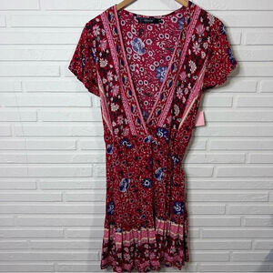 Zesica Red Floral Flowy Bohemian Wrap Mini Dress, Women’s Size Small